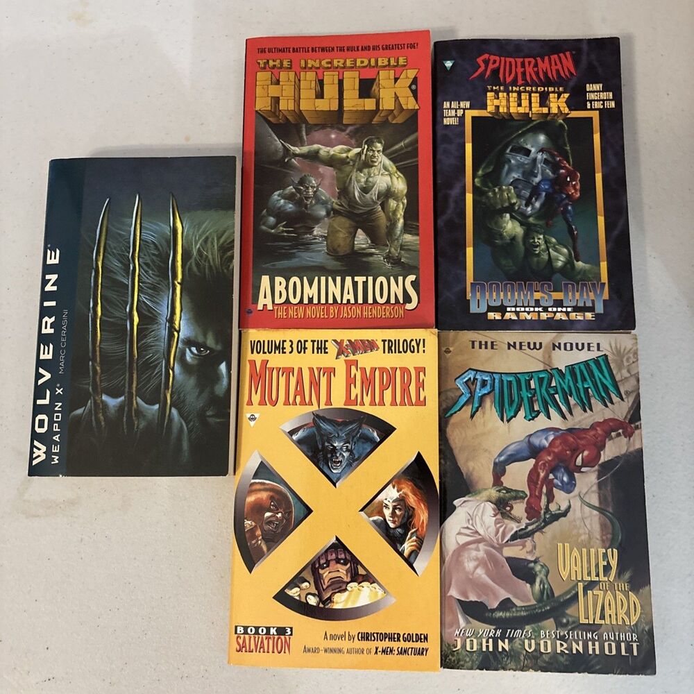 Marvel Books novels Lot of 5 Doom, Wolverine, Hulk, Spiderman, X-Men - Used